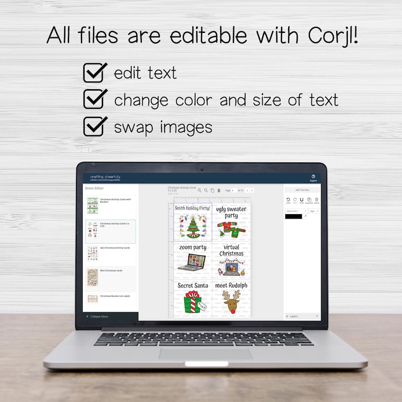 May include: A laptop screen displaying a digital design program with a Christmas card template. The card has six different options for holiday activities, including "Secret Santa", "Ugly Sweater Party", and "Zoom Party". The text "All files are editable with Corjl!" is displayed above the laptop.