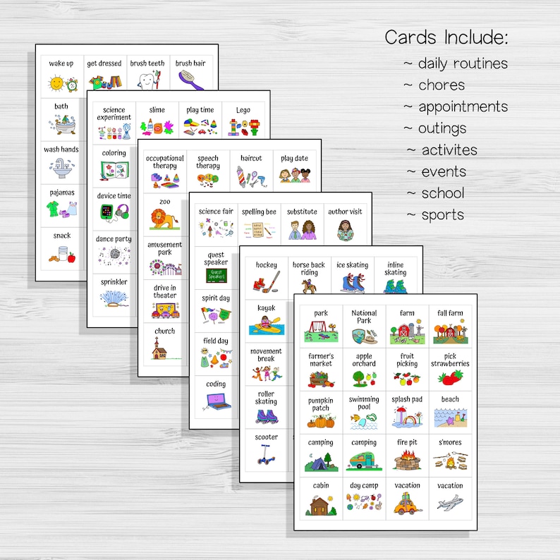 May include: A set of colorful picture cards with various activities and events, including daily routines, chores, appointments, outings, activities, events, school, and sports. The cards are organized into rows and columns, with each card featuring a simple illustration and a corresponding word.