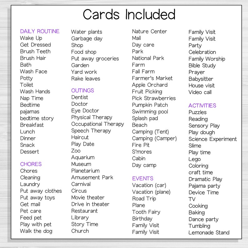 May include: A printable list of cards for a children's game. The cards are divided into categories: Daily Routine, Outings, Chores, Events, and Activities. Each category has a list of activities, such as "Wake Up", "Dentist", "Chores", "Vacation (car)", and "Puzzles".
