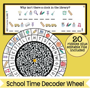 Op de afbeelding: Een kleurrijk wiel met schoolthema-pictogrammen, zoals een aardbol, een potlood en een rekenmachine, die een zwart-witpatroon omringen. Het wiel wordt gebruikt om raadsels te decoderen, met 20 raadsels inbegrepen. De tekst "School Time Decoder Wheel" staat onderaan de afbeelding.