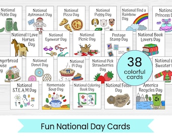 Fun National Holiday Cards for Children's Calendar - Calendar Cards - Instant Digital Download