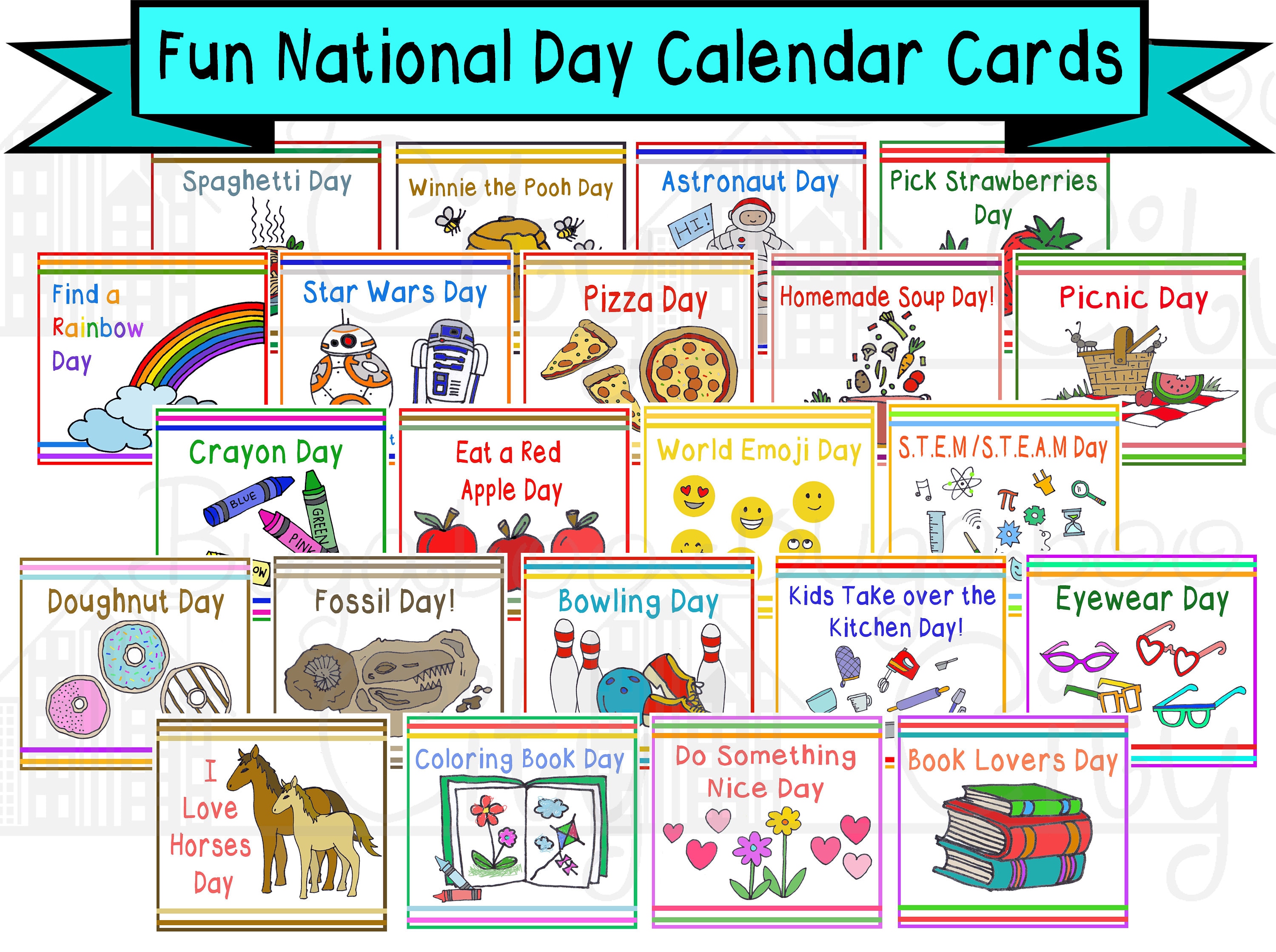 Fun National Day Cards for Children's Calendar Digital Etsy