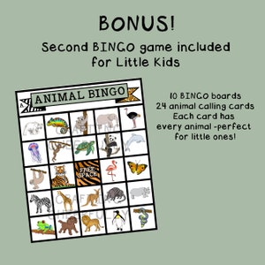 May include: A colourful animal bingo game with 10 bingo boards and 24 animal calling cards. The bingo board features a variety of animals, including a polar bear, a chameleon, a panda, a flamingo, a tiger, and a zebra. The text "ANIMAL BINGO" is at the top of the board.