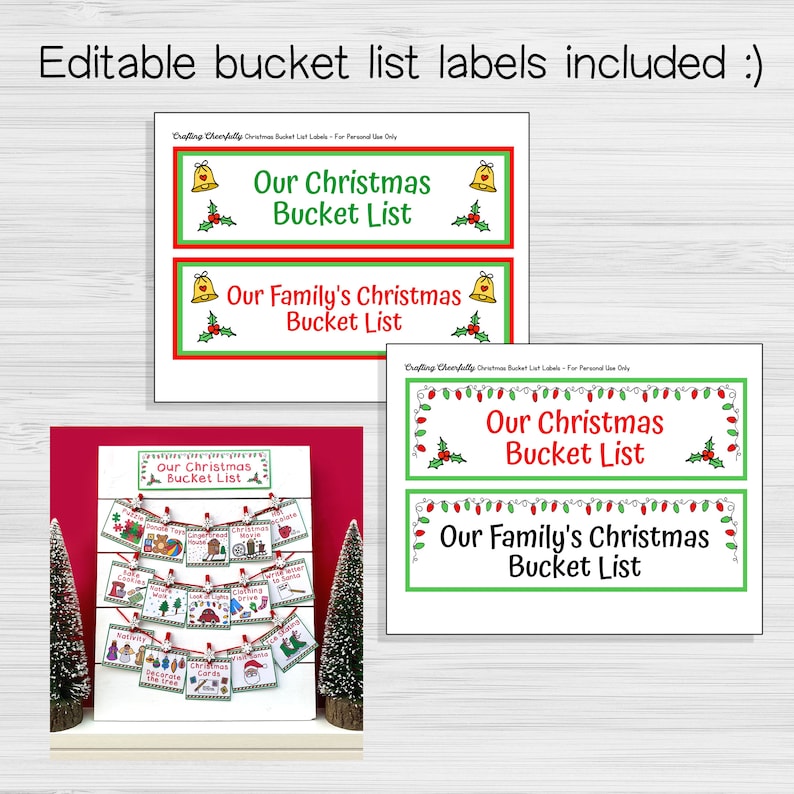 May include: Printable Christmas bucket list labels with red and green holly and bell designs. The labels say "Our Christmas Bucket List" and "Our Family's Christmas Bucket List".