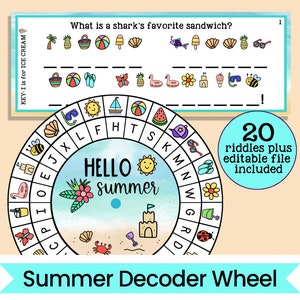 May include: A colorful summer-themed decoder wheel with a beach scene and the words "HELLO summer" in the center. The wheel has 20 different summer-themed icons, each representing a letter of the alphabet. The wheel is used to solve riddles, with 20 riddles included.