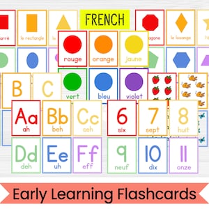 Flashcards de aprendizagem precoce em francês - Flashcards de números, formas, cores e alfabeto - Pacote PDF para impressão - Download digital instantâneo