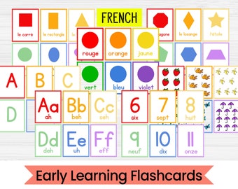 French Early Learning Flash Cards - Number, Shape, Color and Alphabet Flashcards - PDF Printable Packet - Instant Digital Download
