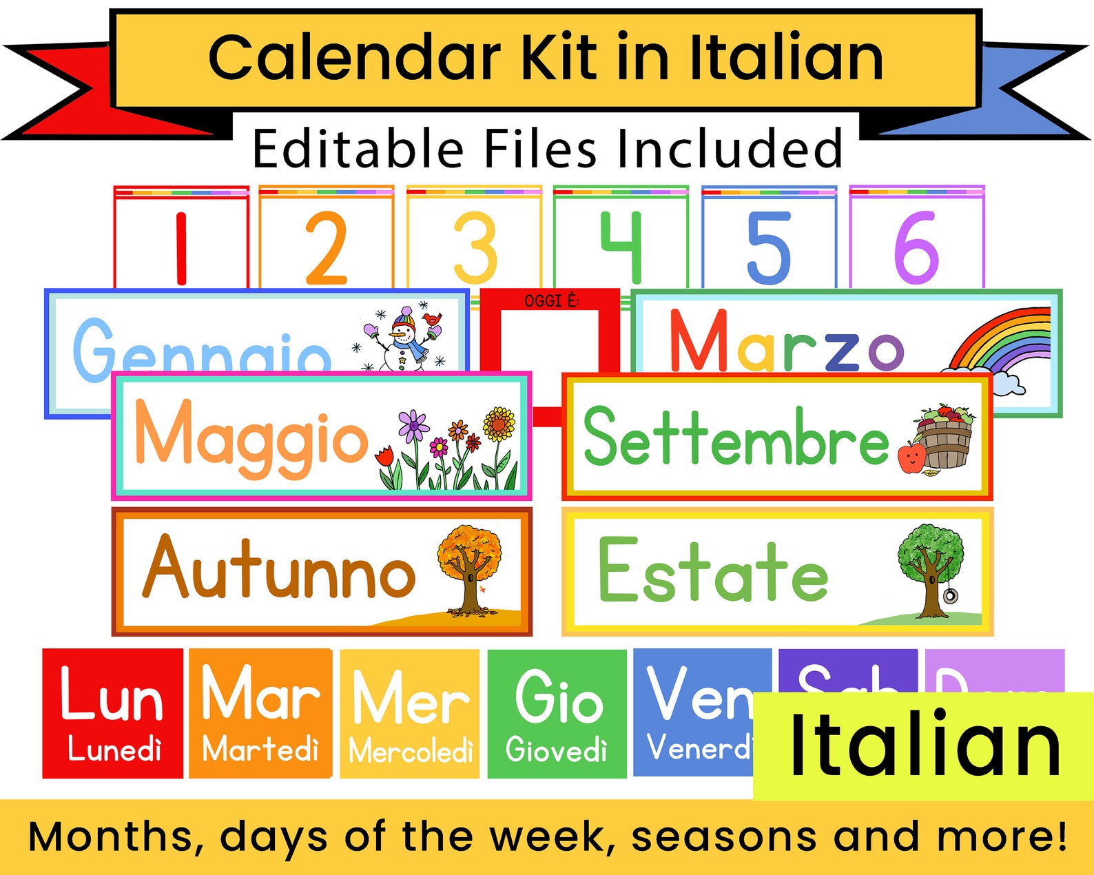 Italian Calendar Kit for Kids Editable Pocket Chart Etsy
