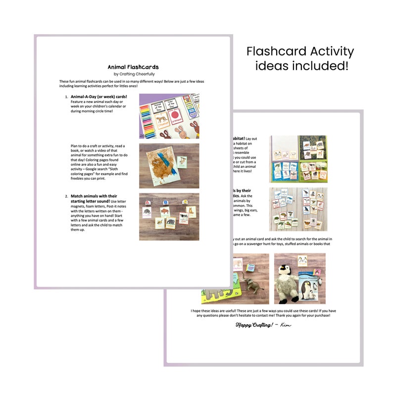 May include: A printable set of animal flashcards with ideas for using them in educational activities. The flashcards feature colourful illustrations of animals and the text "Animal Flashcards" and "Flashcard Activity ideas included!"