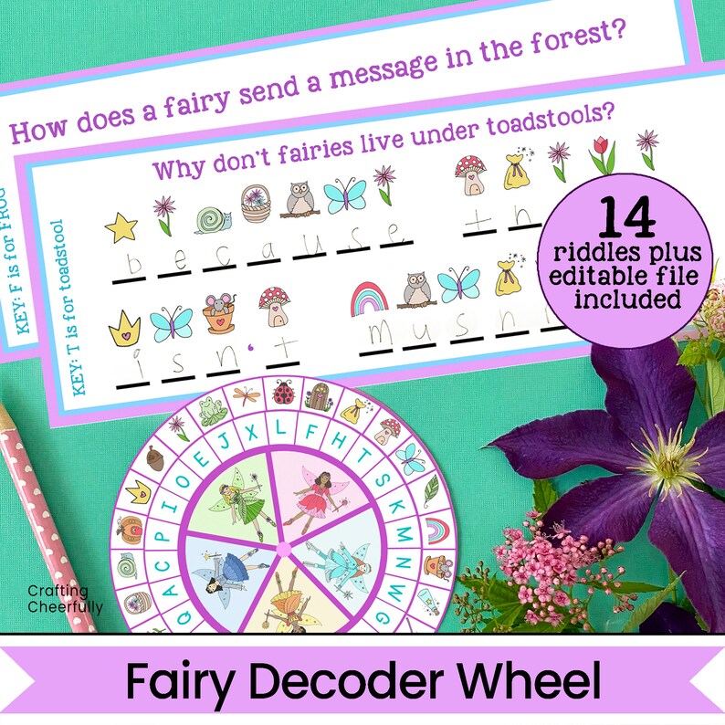 Fairy-themed decoder wheel with activity sheet riddles for kids to solve.