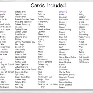 May include: A list of activities, sports, and school events printed on a white background. The list is divided into three categories: Activities, Sports, and School. The text is in purple and black.