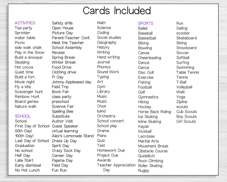 May include: A list of activities, sports, and school events printed on a white background. The list is divided into three categories: Activities, Sports, and School. The text is in purple and black.