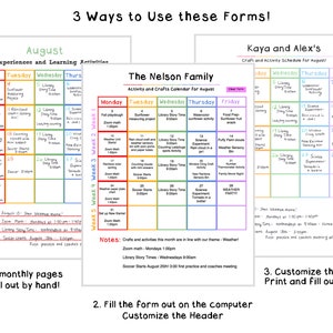 Pode incluir: Tr&ecirc;s modelos de calend&aacute;rio imprim&iacute;veis para agosto, com um layout de grade colorido e espa&ccedil;o para atividades di&aacute;rias. O primeiro calend&aacute;rio &eacute; intitulado "August Experiences and Learning Activities", o segundo &eacute; intitulado "The Nelson Family Activity and Crafts Calendar for August", e o terceiro &eacute; intitulado "Kaya and Alex's Craft and Activity Schedule for August!" Cada calend&aacute;rio tem um esquema de cores diferente e inclui notas na parte inferior.