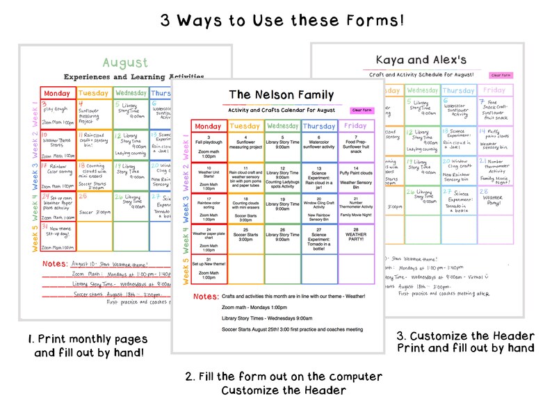 Pode incluir: Tr&ecirc;s modelos de calend&aacute;rio imprim&iacute;veis para agosto, com um layout de grade colorido e espa&ccedil;o para atividades di&aacute;rias. O primeiro calend&aacute;rio &eacute; intitulado "August Experiences and Learning Activities", o segundo &eacute; intitulado "The Nelson Family Activity and Crafts Calendar for August", e o terceiro &eacute; intitulado "Kaya and Alex's Craft and Activity Schedule for August!" Cada calend&aacute;rio tem um esquema de cores diferente e inclui notas na parte inferior.