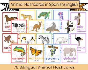 Bilingual Animal Flashcards in Spanish and English - 78 Printable Picture Animal Flashcards