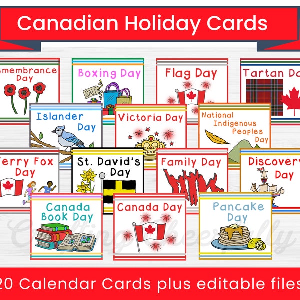 Canadian Holiday Calendar Cards - Digital PDF Packet - Pocket Chart- Editable - Canada