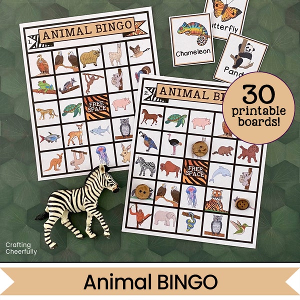 Animal BINGO Game - 30 Printable BINGO party game - Zoo Bingo - Instant Digital Download