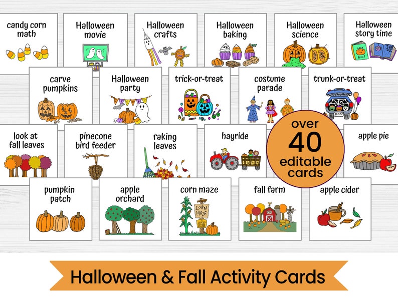 Puede incluir: M&aacute;s de 40 tarjetas de actividades de Halloween y oto&ntilde;o editables con ilustraciones coloridas. Las tarjetas presentan actividades como tallar calabazas, pedir dulces o travesuras y rastrillar hojas.