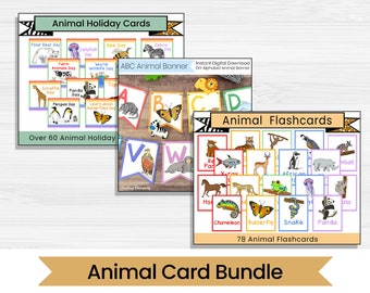 Animal Themed Card Bundle - Animal Holidays, Animal Flashcards, ABC Animal Banner - Instant Digital Download