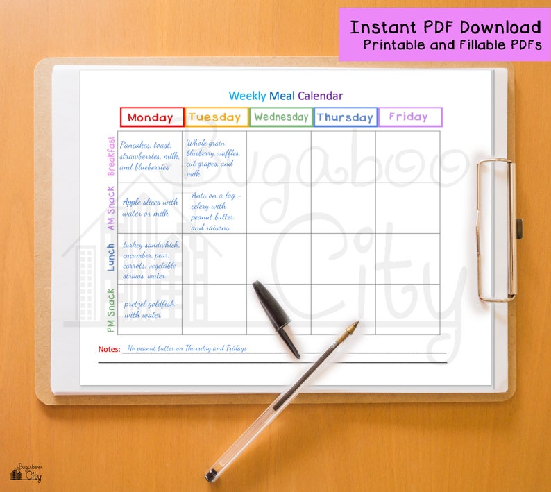 Weekly Meal Calendar Template