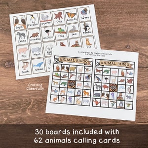 May include: Two printable animal bingo cards with a title that reads "Animal Bingo by Crafting Cheerfully For Personal Use Only". The cards are filled with images of various animals, including a frog, a turtle, a zebra, a pig, a sloth, a whale, a cat, a dog, a penguin, a squirrel, a butterfly, a turkey, a panda, an ostrich, a groundhog, a hippo, a polar bear, an eagle, a seal, and a llama. The cards are designed for a game of bingo.