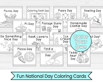 Fun National Day Calendar Cards - Coloring Pages - Children's Calendar - Instant Digital Download