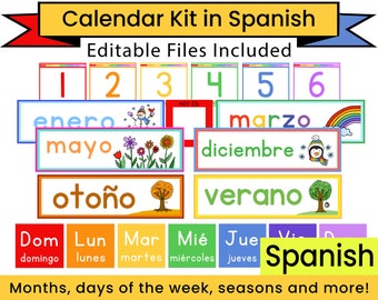Spanish Calendar Kit for Kids, Editable, Pocket Chart Calendar Printables, Classroom Calendar, Instant Digital Download - In Spanish