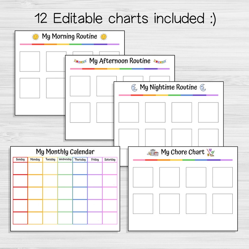 May include: A set of 12 printable charts for organizing daily routines, chores, and a monthly calendar. The charts feature a rainbow color scheme and include icons for morning, afternoon, nighttime, and chores.
