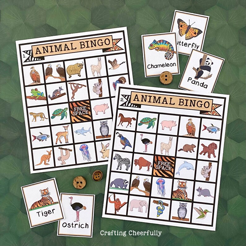 May include: Two printable animal bingo cards with a jungle theme. Each card has a 5x5 grid with images of animals such as a tiger, panda, ostrich, and more. The cards are labelled "Animal Bingo" and have a free space in the centre.