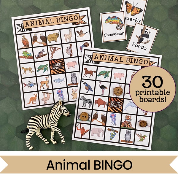 Animal BINGO Game - 30 Printable BINGO party game - Zoo Bingo - Instant Digital Download