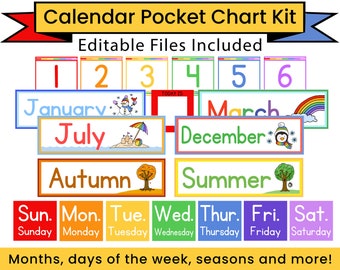 Pocket Calendar Kit for Kids - Editable, Pocket Chart Cards, Classroom Calendar, Instant Digital Download