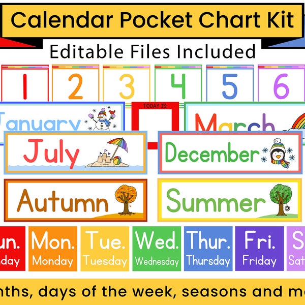 Pocket Calendar Kit for Kids - Editable, Pocket Chart Cards, Classroom Calendar, Instant Digital Download