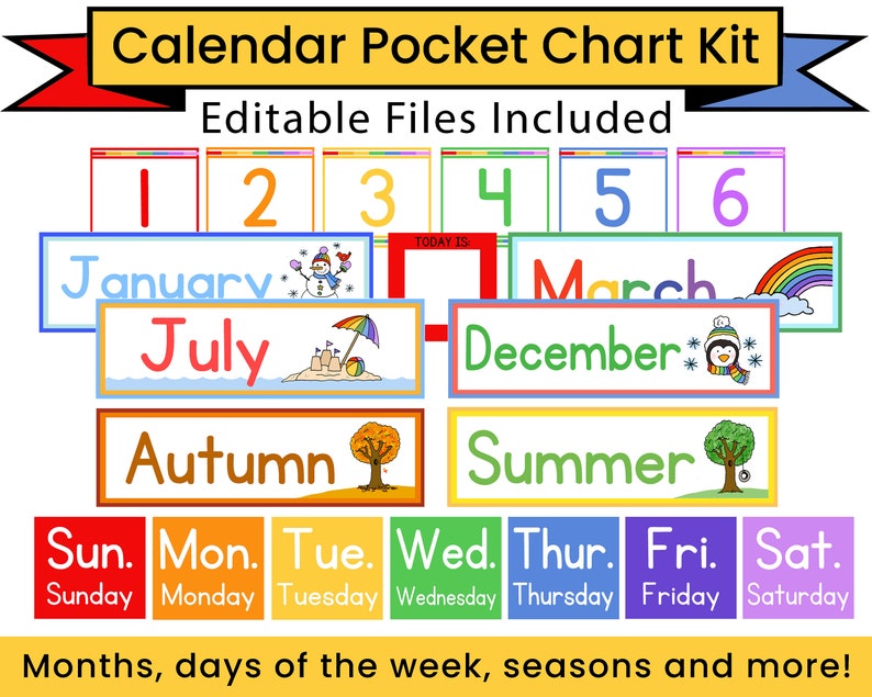 Pocket Calendar Kit for Kids Editable, Pocket Chart Cards, Classroom Calendar, Instant Digital Download image 1