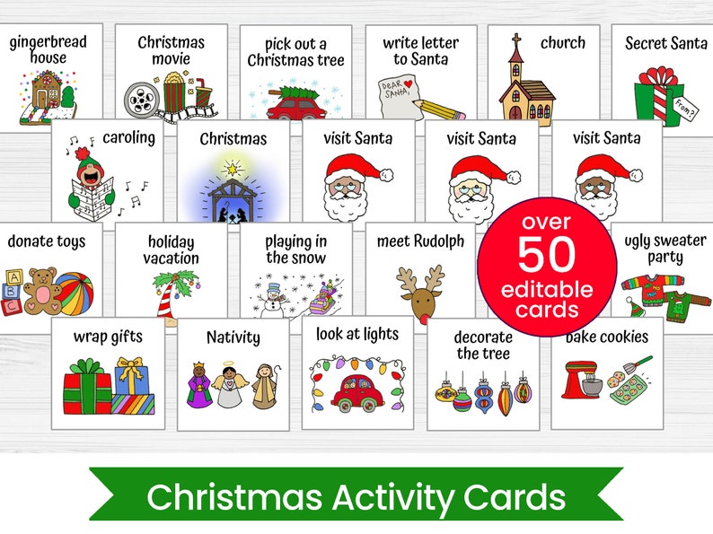 May include: Over 50 printable Christmas activity cards with illustrations. The cards feature activities like decorating the tree, baking cookies, visiting Santa, and more.