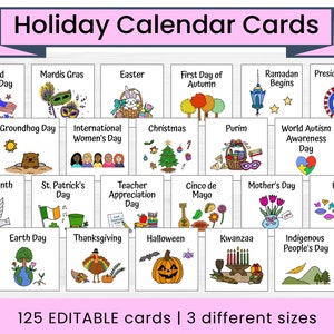 Holiday Calendar Cards | American Holidays and Observances | Editable Digital Download