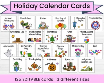 Holiday Calendar Cards | American Holidays and Observances | Editable Digital Download