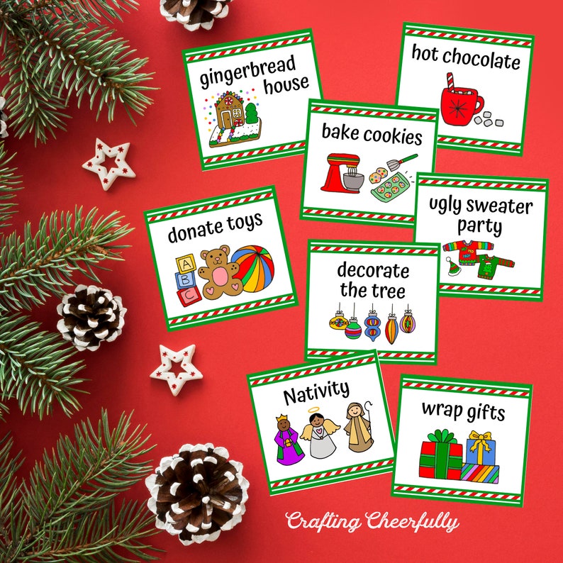 May include: A set of 10 Christmas activity cards with colorful illustrations and text. The cards include activities like baking cookies, decorating the tree, and donating toys. The cards are printed on white cardstock with red and green stripes.