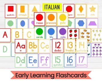 Italienisch Frühlernen Lernkarten - Anzahl, Form, Farbe und Alphabet Karte - PDF Druckbares Paket - Sofortiger digitaler Download