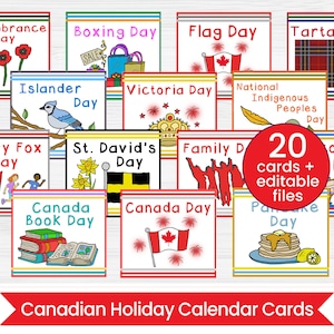 Tarjetas de calendario de vacaciones canadienses - Paquete PDF digital - Gráfico de bolsillo- Editable - Canadá