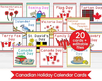 Canadian Holiday Calendar Cards - Digital PDF Packet - Pocket Chart- Editable - Canada