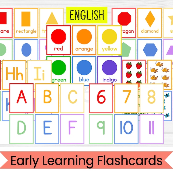 Early Learning Cards Flashcards - Number, Shape, Color and Alphabet Flashcards - PDF Printable Packet - Instant Digital Download