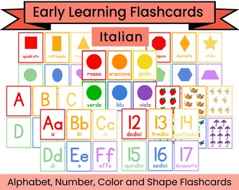 Cartes mémoire italiennes pour l'apprentissage précoce - Cartes mémoire sur les nombres, les formes, les couleurs et l'alphabet - Paquet imprimable PDF - Téléchargement numérique instantané