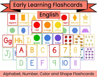 Cartes d'apprentissage précoce - Cartes numériques, forme, couleur et alphabet - Paquet imprimable PDF - Téléchargement numérique instantané