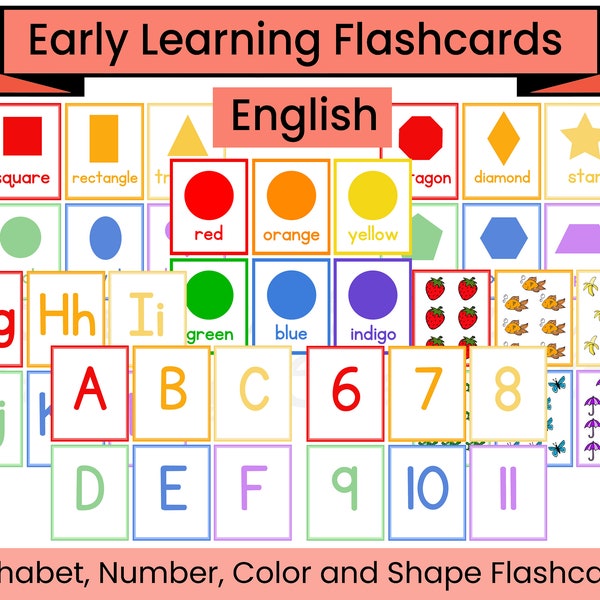 Early Learning Cards Flashcards - Number, Shape, Color and Alphabet Flashcards - PDF Printable Packet - Instant Digital Download