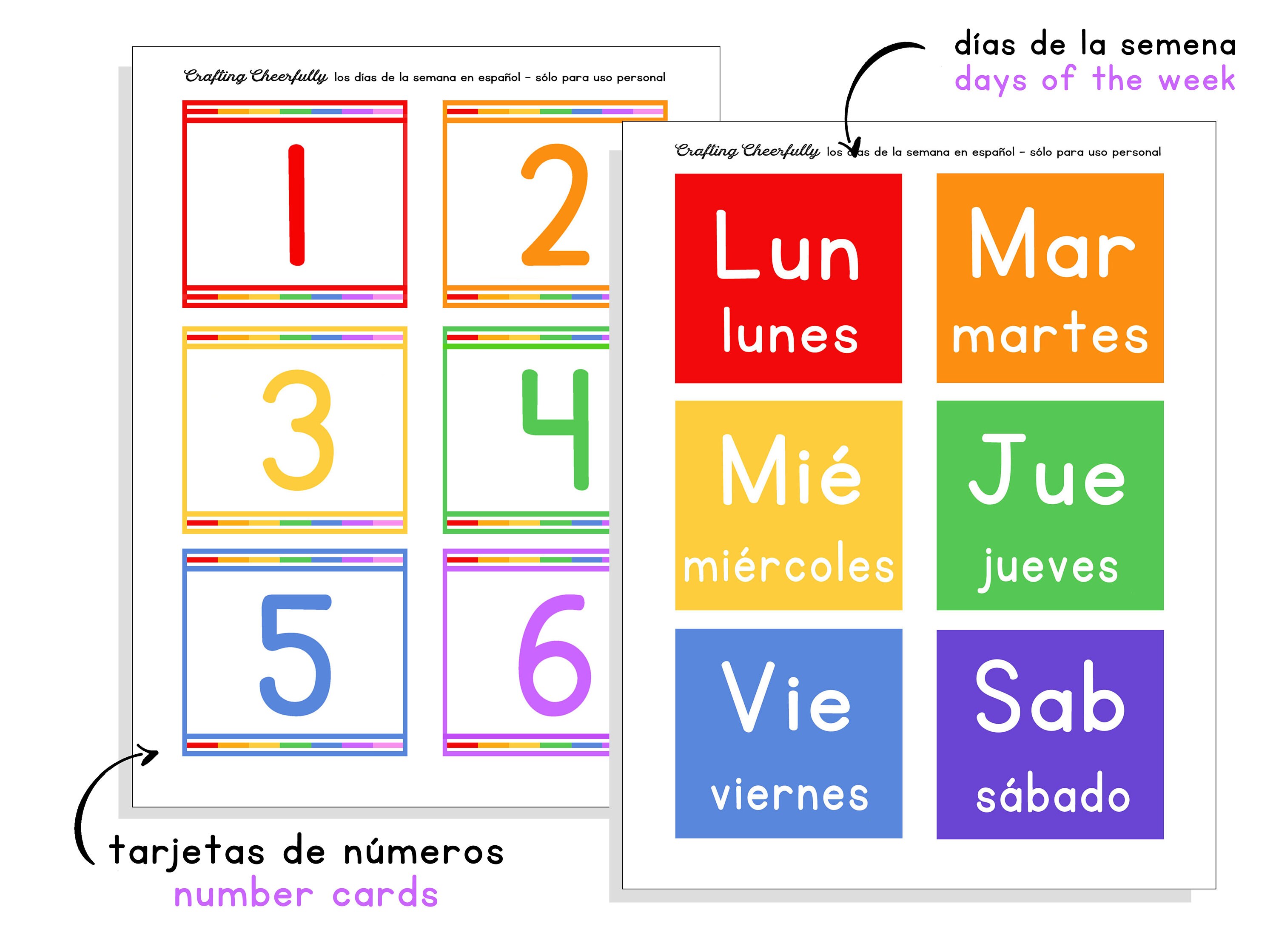 Spanish Days of the Week Pocket Chart Cards and Worksheets Español Dark  Purple