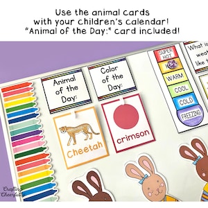 May include: A white board with colourful crayons, a cheetah animal card, a red circle with the word "crimson" underneath, a weather thermometer, and a bunny rabbit illustration.