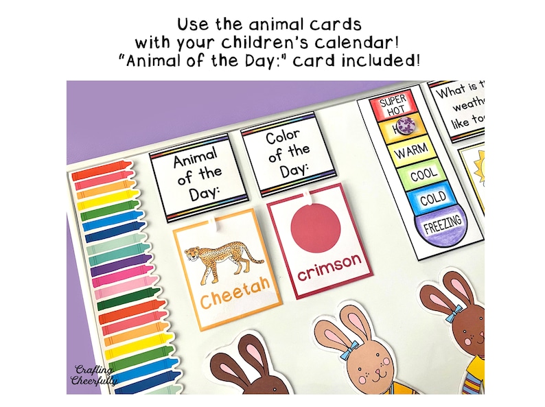May include: A white board with colourful crayons, a cheetah animal card, a red circle with the word "crimson" underneath, a weather thermometer, and a bunny rabbit illustration.