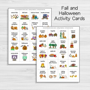 Puede incluir: Dos tarjetas de actividades imprimibles para oto&ntilde;o y Halloween. Las tarjetas presentan ilustraciones coloridas de actividades como tallar calabazas, pintar calabazas, manualidades de Halloween, decorar el hogar, b&uacute;squedas del tesoro de Halloween, b&uacute;squedas del tesoro de dulces, hornear para Halloween, parche de calabazas, paseo en carreta, laberinto de ma&iacute;z, pescar manzanas, sidra de manzana, huerto de manzanas, mercado de agricultores, manzanas de caramelo, ciencia de Halloween, pel&iacute;cula de Halloween, casa encantada, fiesta de Halloween, observar las hojas de oto&ntilde;o, pastel de manzana, comedero de p&aacute;jaros de pi&ntilde;a, decorar para oto&ntilde;o, fogata, saltar en una pila de hojas, manualidades con hojas de oto&ntilde;o, f&uacute;tbol, masa de juego de calabaza, hornear galletas de oto&ntilde;o, rastrillar hojas y matem&aacute;ticas de ma&iacute;z dulce.