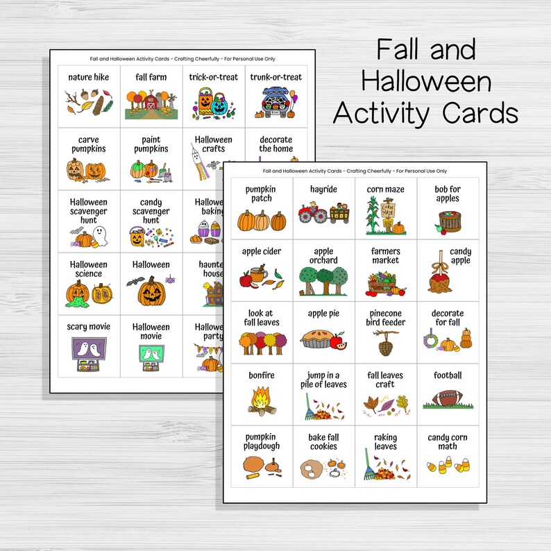 Puede incluir: Dos tarjetas de actividades imprimibles para oto&ntilde;o y Halloween. Las tarjetas presentan ilustraciones coloridas de actividades como tallar calabazas, pintar calabazas, manualidades de Halloween, decorar el hogar, b&uacute;squedas del tesoro de Halloween, b&uacute;squedas del tesoro de dulces, hornear para Halloween, parche de calabazas, paseo en carreta, laberinto de ma&iacute;z, pescar manzanas, sidra de manzana, huerto de manzanas, mercado de agricultores, manzanas de caramelo, ciencia de Halloween, pel&iacute;cula de Halloween, casa encantada, fiesta de Halloween, observar las hojas de oto&ntilde;o, pastel de manzana, comedero de p&aacute;jaros de pi&ntilde;a, decorar para oto&ntilde;o, fogata, saltar en una pila de hojas, manualidades con hojas de oto&ntilde;o, f&uacute;tbol, masa de juego de calabaza, hornear galletas de oto&ntilde;o, rastrillar hojas y matem&aacute;ticas de ma&iacute;z dulce.