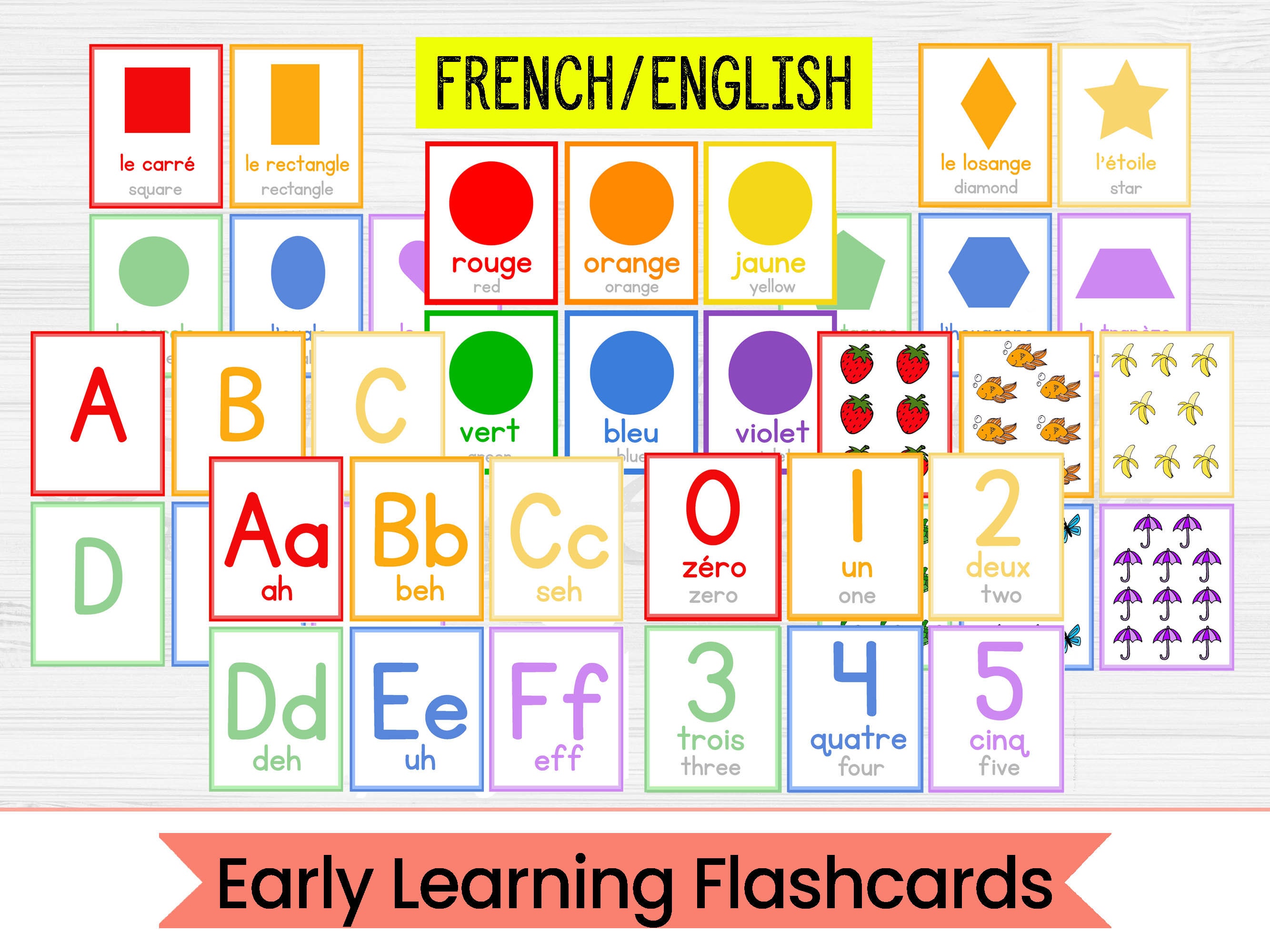 Dual Language French and English Early Learning Flash Cards - Number, Shape, Color and Alphabet Flashcards - Instant Digital Download